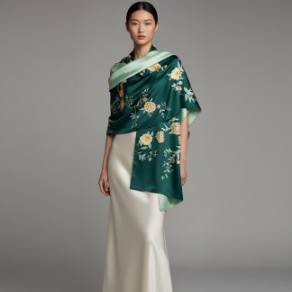 Khăn lụa 2 mặt xanh thêu chim phượng và hoa 55*200 cm